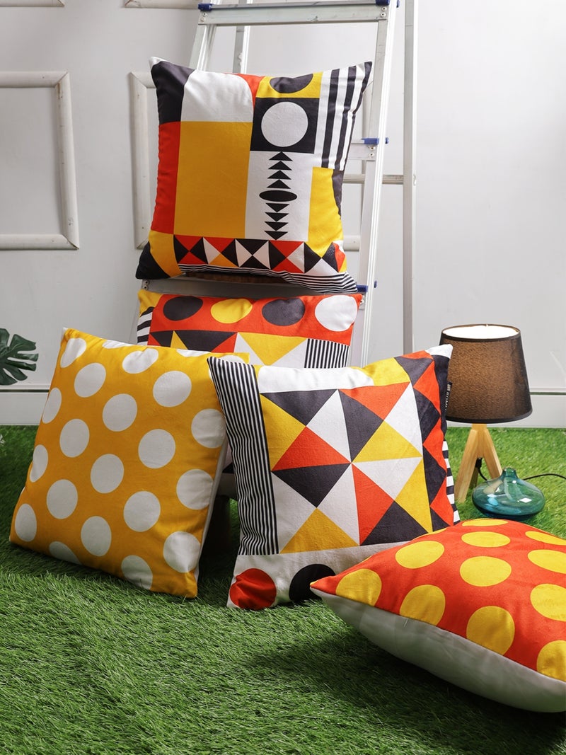 Geometric Printed Velvet Cushion Covers Set of 5 - Yellow & Orange